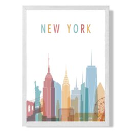 ARTZE New York Colourful City Skyline Framed Print SIZE: A4 with White Frame in Pale Blue - Size: A2 - thumbnail 1