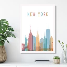 ARTZE New York Colourful City Skyline Framed Print SIZE: A4 with White Frame in Pale Blue - Size: A2 - thumbnail 2