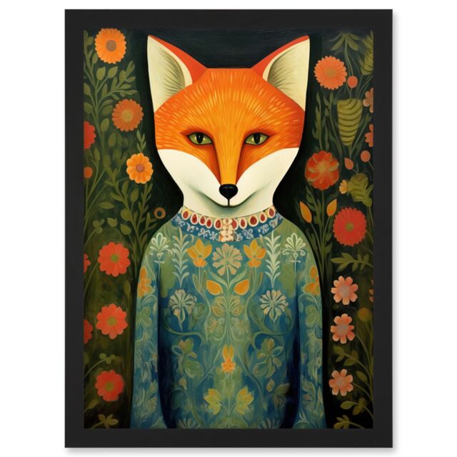 Artery8 Wall Art Print Fox Flaunting Fancy Floral Frock Felicia Flower Field Fun Artwork Framed A4 in Black - image 1