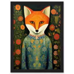 Artery8 Wall Art Print Fox Flaunting Fancy Floral Frock Felicia Flower Field Fun Artwork Framed A4 in Black - thumbnail 1