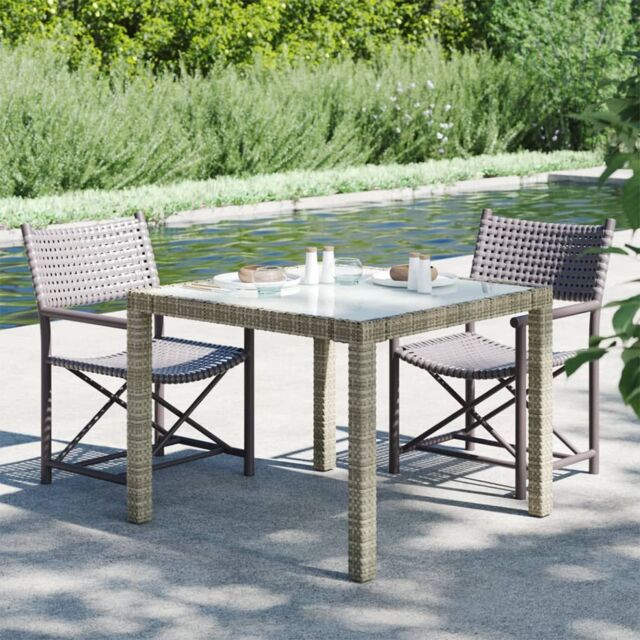 Berkfield Home Garden Table 90x90x75 cm Tempered Glass & Poly Rattan Grey - Size: 90 x 90 x 75 cm - image 1