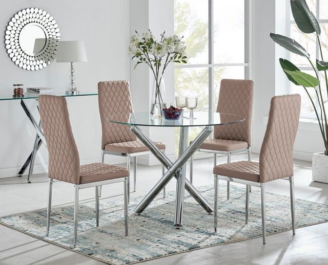 FurnitureboxUK Selina Chrome Round Glass Dining Table & 4 Milan Dining Chairs in Beige - Size: 4 Person - image 1