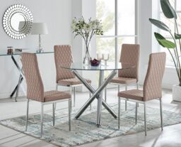 FurnitureboxUK Selina Chrome Round Glass Dining Table & 4 Milan Dining Chairs in Beige - Size: 4 Person