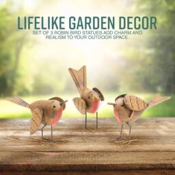 Globrite Set of 3 Polyresin Robin Garden Ornaments - Weatherproof Outdoor Bird Statues in Brown - thumbnail 6