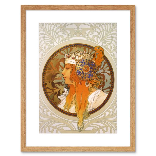 "Artery8 Wall Art Print Mucha Byzantine Head Blonde Headdress Artwork Framed 9X7 Inch in Beige - Size: W7"" x H9""" - image 1