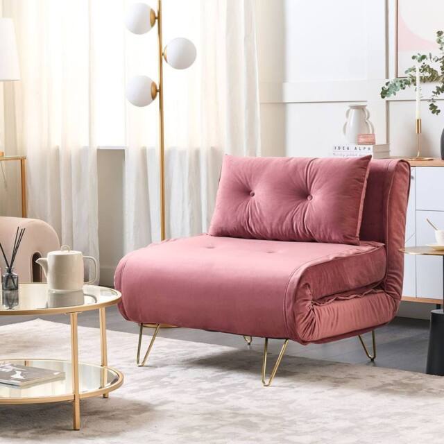 Wyld and Coco Pink Velvet 1-Seater Fold-Out Sofa Bed - Gold Legs - image 1