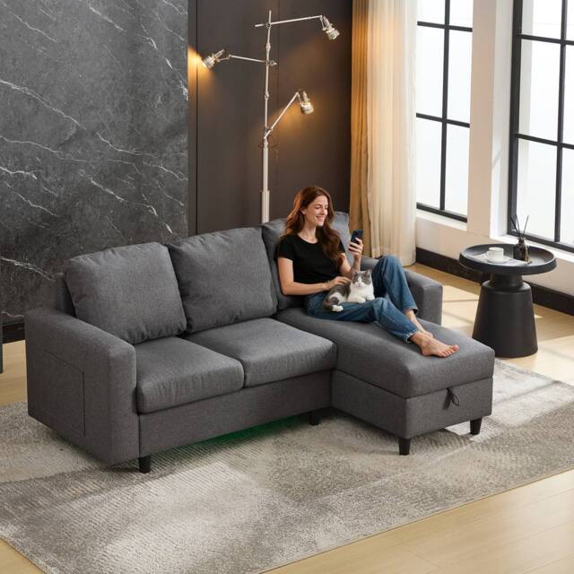 BTM L shaped sofa bed with storage USB & LED for living room in Grey - image 1