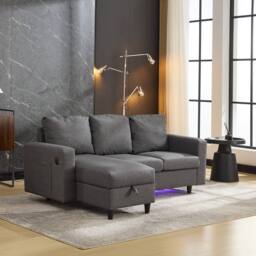 BTM L shaped sofa bed with storage USB & LED for living room in Grey - thumbnail 3