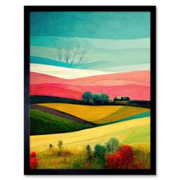 "Artery8 Wall Art Print Four Seasons Colourful Modern Country Landscape Painting Art Framed in Black - Size: W12"" x H16""" - thumbnail 1