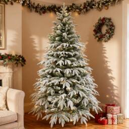 Shatchi 8FT Pre-Lit Lapland Fir Artificial Green Christmas Tree Snow Flocked PE PVC Mixed Tips Hinged Branches Bushy - thumbnail 1