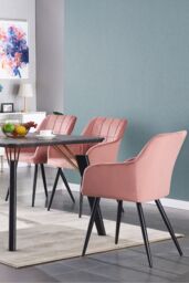 Life Interiors Single Camden Modern Velvet Dining Chair with Armrests, Quilted Design & Black Metal Legs in Pink - thumbnail 9