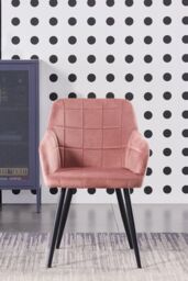 Life Interiors Single Camden Modern Velvet Dining Chair with Armrests, Quilted Design & Black Metal Legs in Pink - thumbnail 2