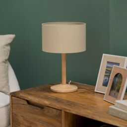 ValueLights Triston Light Natural Wood Table Lamp with Cream Fabric Drum Shade in Brown - thumbnail 3