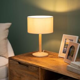 ValueLights Triston Light Natural Wood Table Lamp with Cream Fabric Drum Shade in Brown