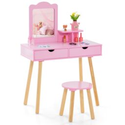 Gymax Kids Wood Vanity Dressing Table & Stool with Mirror & 2 Large Drawer in Pink