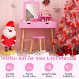 Gymax Kids Wood Vanity Dressing Table & Stool with Mirror & 2 Large Drawer in Pink - thumbnail 6
