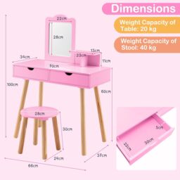 Gymax Kids Wood Vanity Dressing Table & Stool with Mirror & 2 Large Drawer in Pink - thumbnail 2