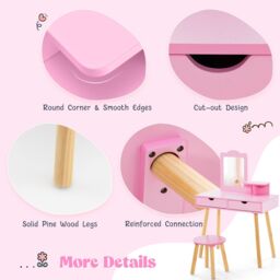 Gymax Kids Wood Vanity Dressing Table & Stool with Mirror & 2 Large Drawer in Pink - thumbnail 5