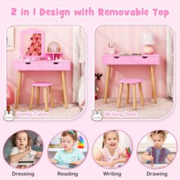 Gymax Kids Wood Vanity Dressing Table & Stool with Mirror & 2 Large Drawer in Pink - thumbnail 3