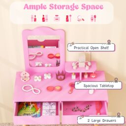 Gymax Kids Wood Vanity Dressing Table & Stool with Mirror & 2 Large Drawer in Pink - thumbnail 4
