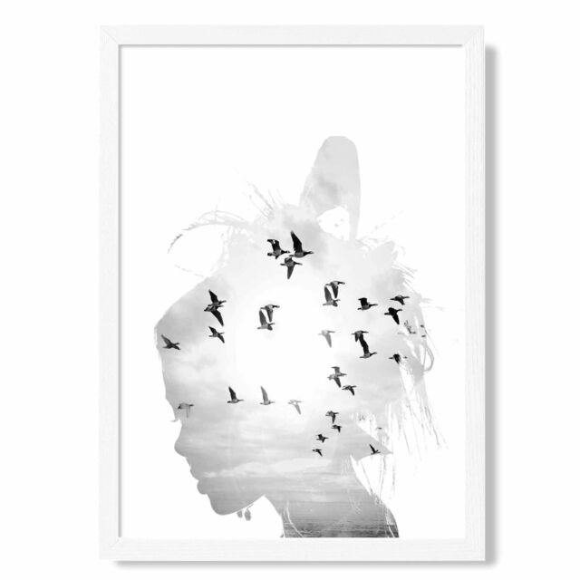 ARTZE Abstract & Seabirds Fashion Black & White Photo Framed Print SIZE: A2 with White Frame - Size: A4 - image 1