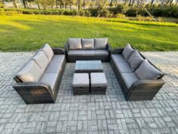 Fimous Rattan Lounge Sofa Set 11 Seater Outdoor Garden Furniture Set with Rectangular Coffee Table 3 Seater Sofa 2 Small Footstools in Dark Grey - thumbnail 1