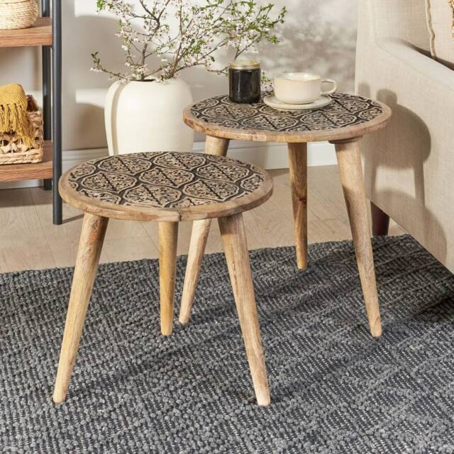 Wyld and Coco Set of 2 Light Mango Wood Side Tables with Carved Oriental Tops in Brown - image 1