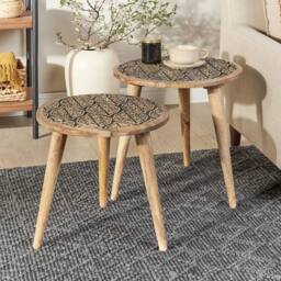 Wyld and Coco Set of 2 Light Mango Wood Side Tables with Carved Oriental Tops in Brown - thumbnail 1