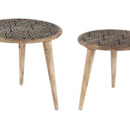 Wyld and Coco Set of 2 Light Mango Wood Side Tables with Carved Oriental Tops in Brown - thumbnail 2