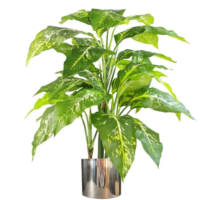 Leaf Artificial 100cm Large Fox's Aglaonema (Spotted Evergreen) Tree Artificial Plant with Silver Metal Planter in Green - image 1