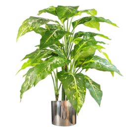Leaf Artificial 100cm Large Fox's Aglaonema (Spotted Evergreen) Tree Artificial Plant with Silver Metal Planter in Green - thumbnail 1