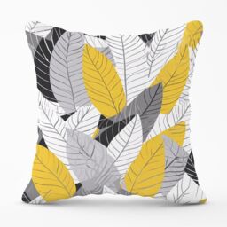 Warren Reed - Designer Yellow Grey Feather Leaves Outdoor Cushion - Size: 45 cm x 45 cm - thumbnail 1