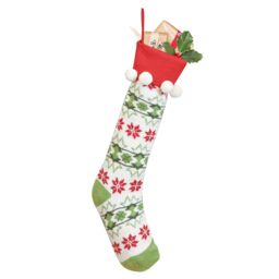 Dibor Set of 2 Knitted White Fair Isle Pompom Xmas Gift Christmas Stockings - Size: 2 Pack - thumbnail 1