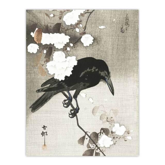 "Artery8 Crow With Cherry Blossom Flowers Retro Japan Wall Art Print Koson in Grey - Size: W12"" x H16""" - image 1