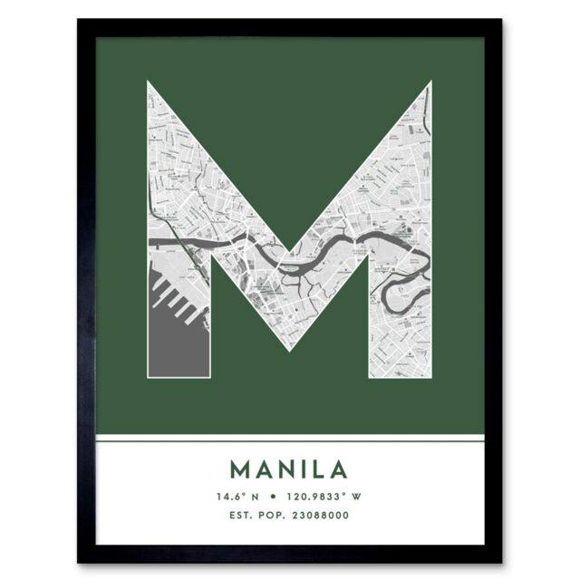 "Wee Blue Coo Wall Art Print Manila Philippines City Map Modern Typography Stylish Letter Framed Word in Green - Size: W12"" x H16""" - image 1