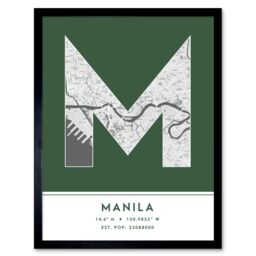 "Wee Blue Coo Wall Art Print Manila Philippines City Map Modern Typography Stylish Letter Framed Word in Green - Size: W12"" x H16""" - thumbnail 1