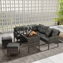 HomeTouch 7 Seater Rattan Garden Furniture Sofa Set with Cushions & Stools in Grey - Size: 1 Pack - thumbnail 3