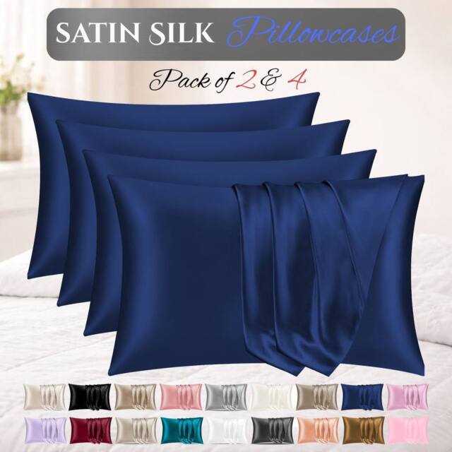 Grace Satin Silk Pillow Cases Pack of 4 Super Soft Smooth Pillow Covers in Navy - Size: Standard Pillow Case - image 1