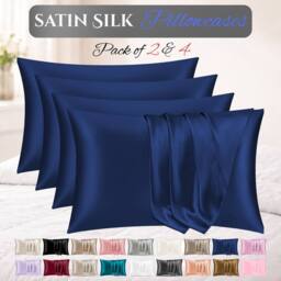 Grace Satin Silk Pillow Cases Pack of 4 Super Soft Smooth Pillow Covers in Navy - Size: Standard Pillow Case - thumbnail 1