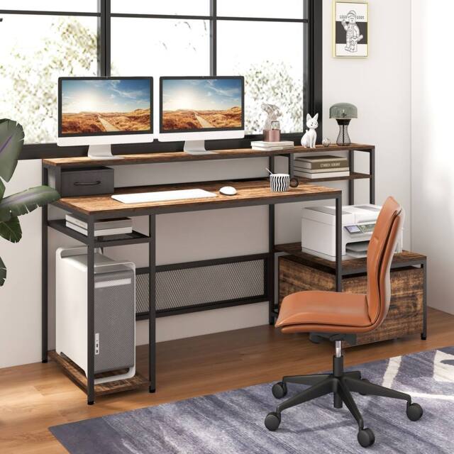 Costway 170CM Computer Desk Monitor Stand Writing Table W/ Power Outlets in Brown - image 1