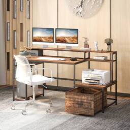 Costway 170CM Computer Desk Monitor Stand Writing Table W/ Power Outlets in Brown - thumbnail 2