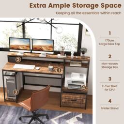 Costway 170CM Computer Desk Monitor Stand Writing Table W/ Power Outlets in Brown - thumbnail 3