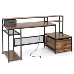 Costway 170CM Computer Desk Monitor Stand Writing Table W/ Power Outlets in Brown - thumbnail 5