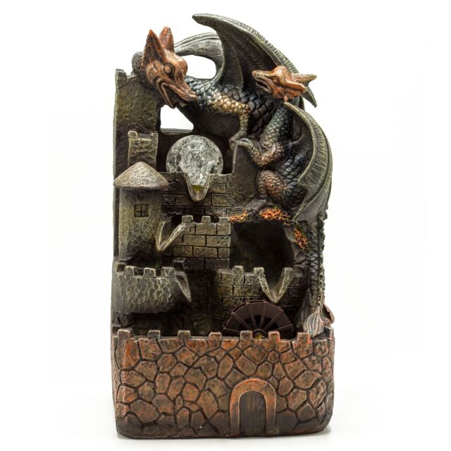KDMD Tabletop Water Feature - 35cm - Dragons, Crystal Ball & Water Wheel in Green