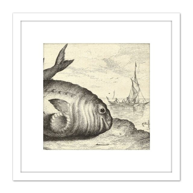 Artery8 Flamen Two Porpoises Beach Vintage Drawing 8X8 Inch Square Wooden Framed Wall Art Print Picture with Mount in White - image 1