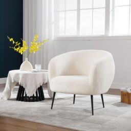 Home Source Cozy Round Back White Faux Fur Accent Chair Plush Seating Modern