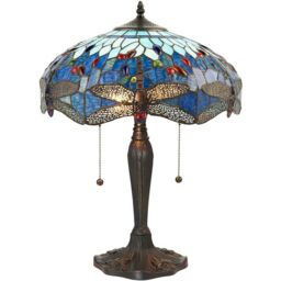 Loops Tiffany Glass Table Lamp Light Dark Bronze Base & Blue Dragonfly Shade i00192 in Clear