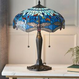 Loops Tiffany Glass Table Lamp Light Dark Bronze Base & Blue Dragonfly Shade i00192 in Clear - thumbnail 3