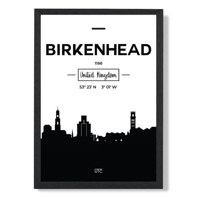 ARTZE Birkenhead Black & White City Skyline Framed Print SIZE: A2 with Black Frame - Size: A4 - image 1