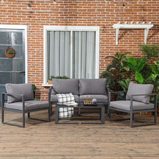 OUTSUNNY 4 Pieces Garden Sectional Sofa Table Furniture Set Aluminium in Grey - image 1